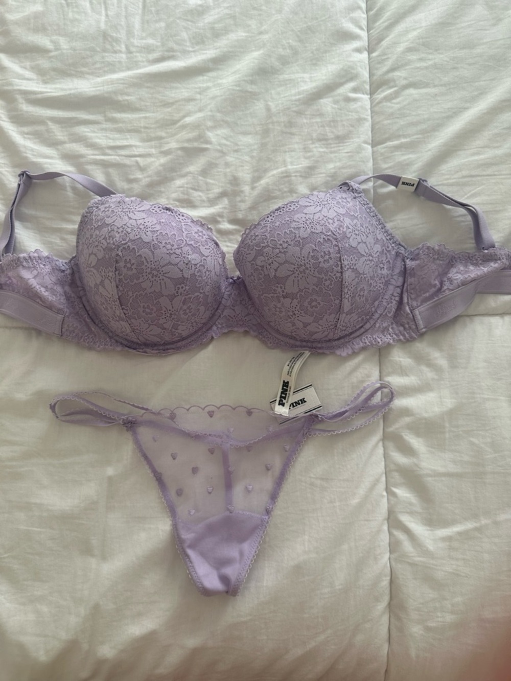 Victoria's Secret Lavender Lace Underwire Bra & Sheer Heart Thong